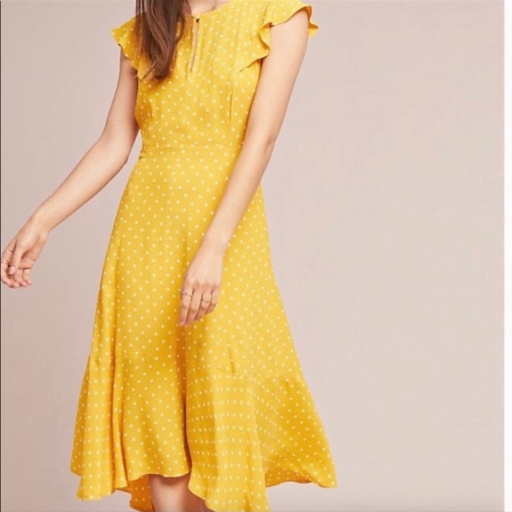 Anthropologie Yellow Polka Dot Midi Dress